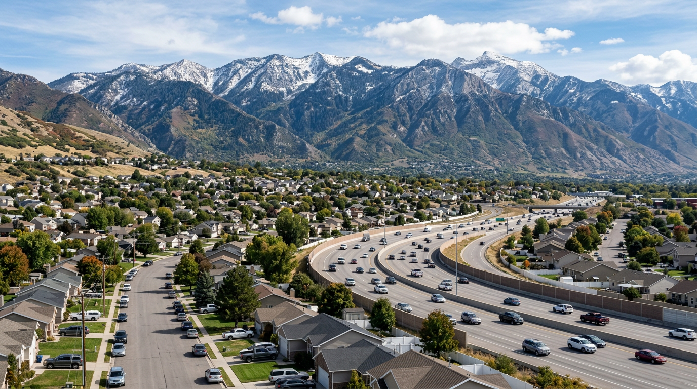 Davis County, Utah neighbourhood along the I-15 corridor with the Wasatch Mountains behind