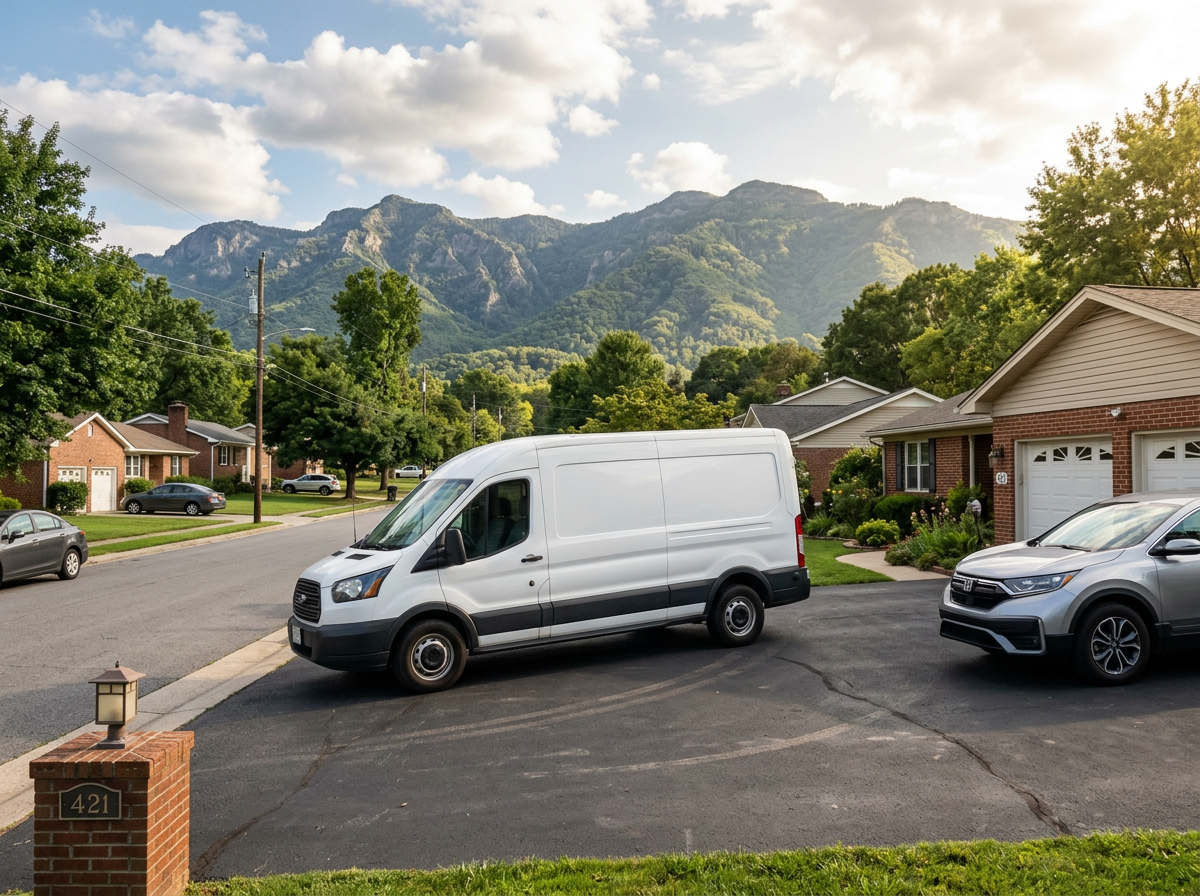 White mobile service van arriving at a suburban driveway