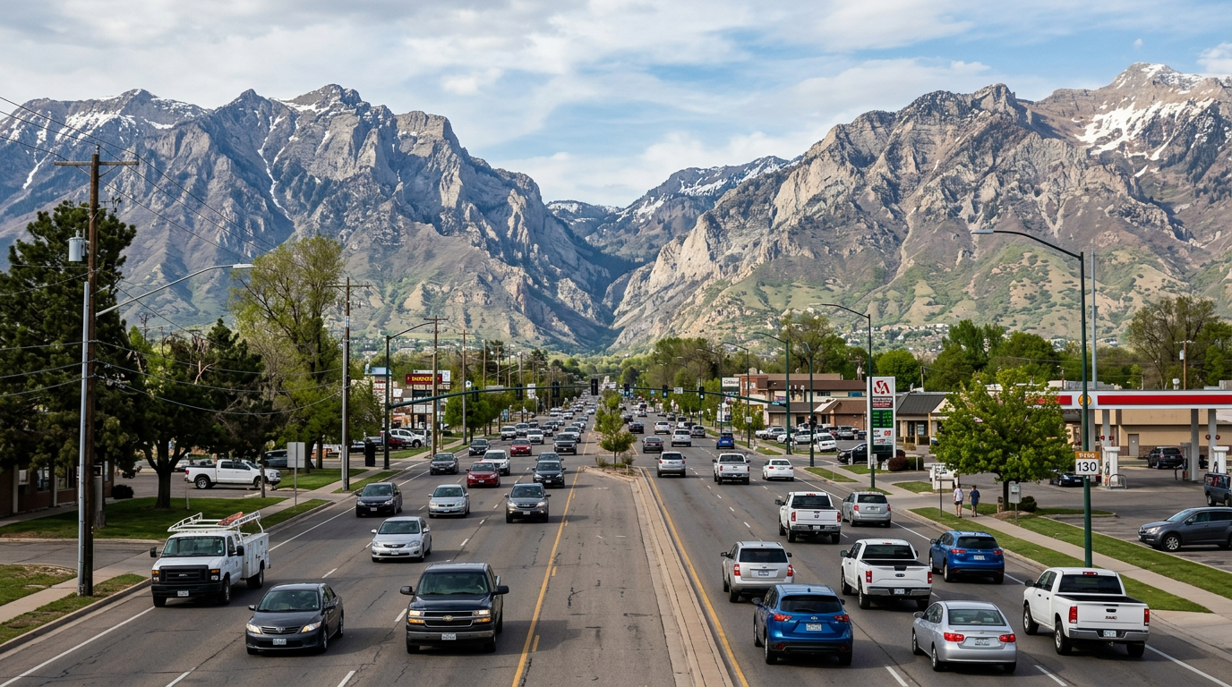 Weber County, Utah boulevard traffic with Ogden canyon peaks in the background